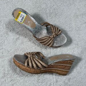 Y2K Metallic Wedge Sandals Women’s Cork Heel Braided Strap Slip On Heels